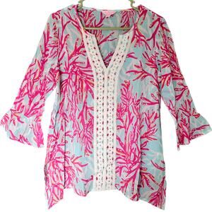 Women's Lilly Pulitzer Underwater Escape Luci Pink Blue Tunic Top Embroidery M